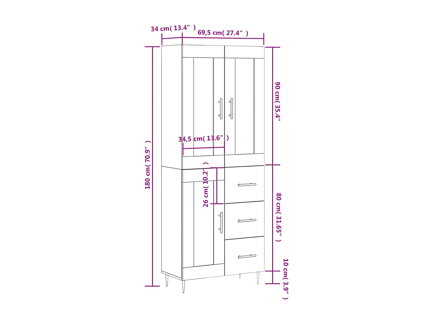 Hoge kast 69,5x34x180 cm bewerkt hout wit