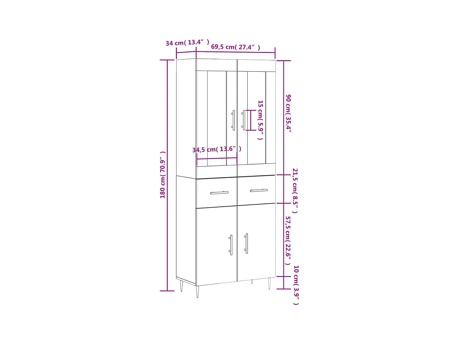 Highboard Grau Sonoma 69,5x34x180 cm Holzwerkstoff