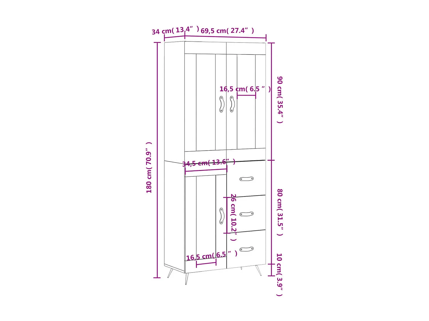 Highboard Weiß 69,5x34x180 cm Holzwerkstoff