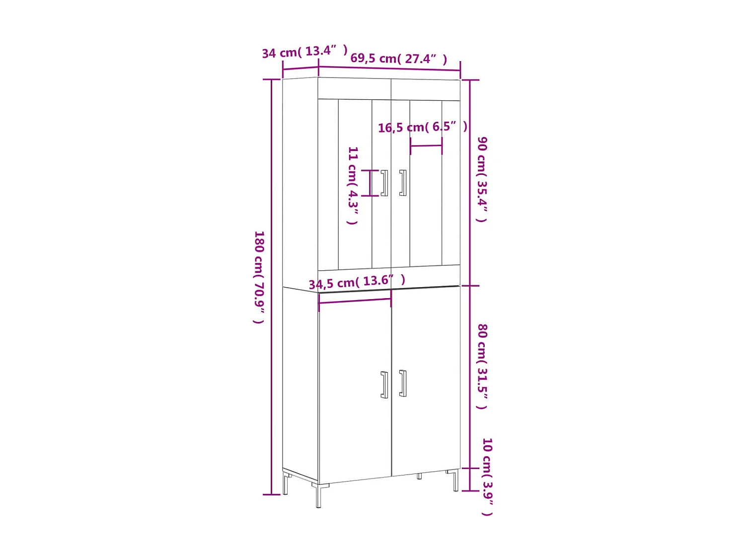 Aparador alto madera contrachapada blanco 69,5x34x180 cm