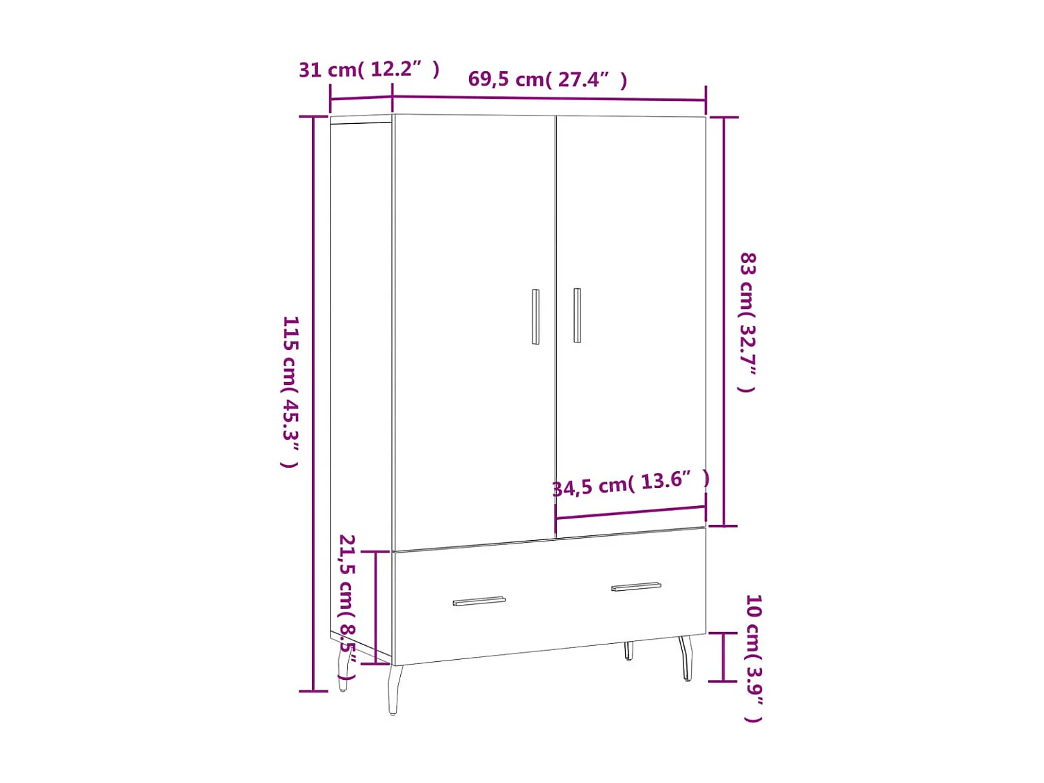 Buffet haut chêne sonoma 69,5x31x115 cm bois d'ingénierie