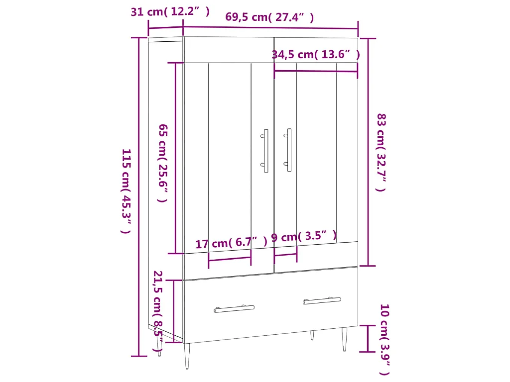 Credenza Bianca 69,5x31x115 cm in Legno Multistrato