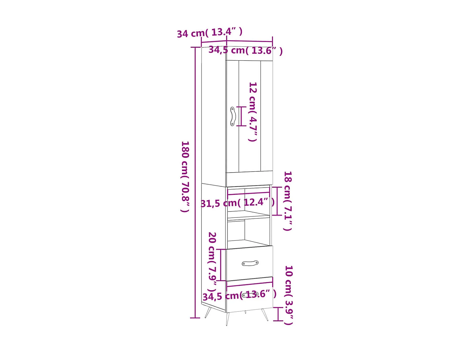 Buffet haut Noir 34,5x34x180 cm Bois d'ingénierie