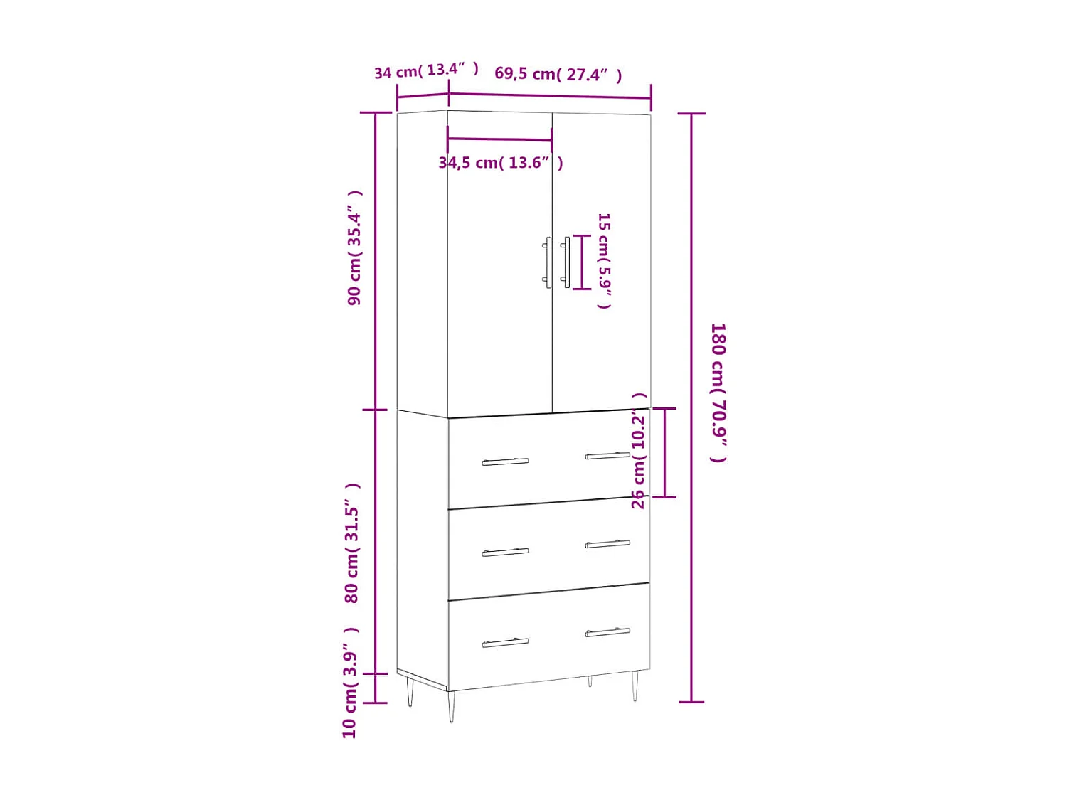 Hoge kast 69,5x34x180 cm bewerkt hout betongrijs