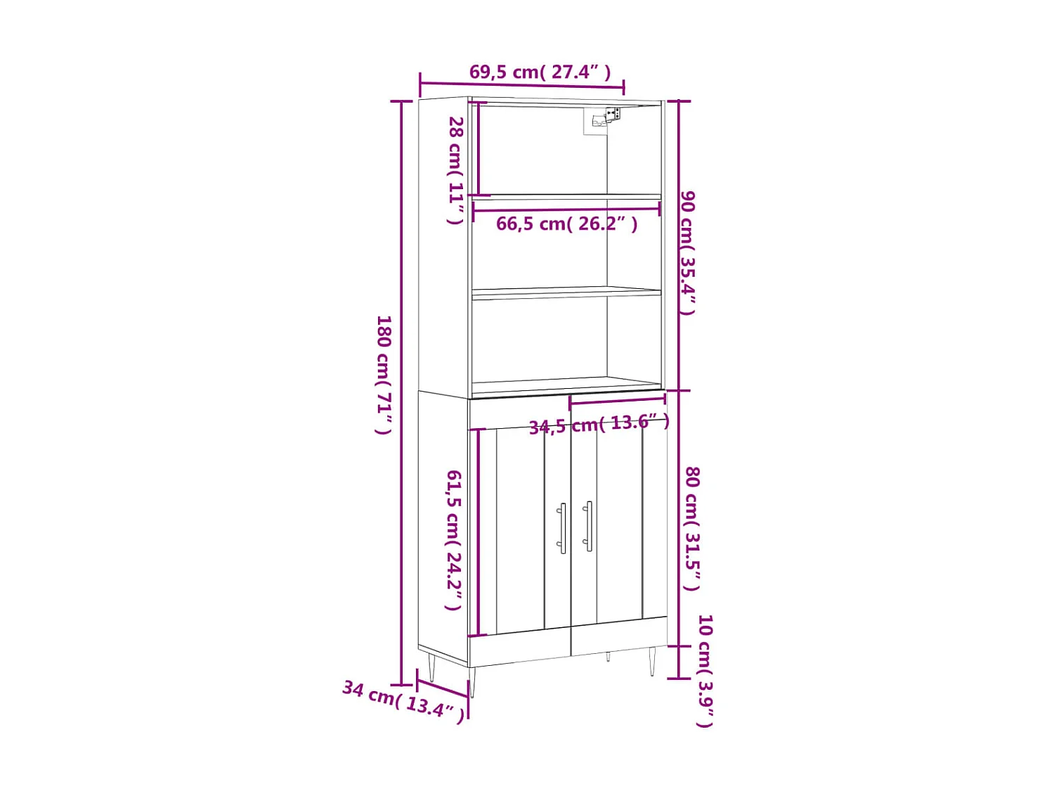 Highboard Sonoma-Eiche 69,5x34x180 cm Holzwerkstoff