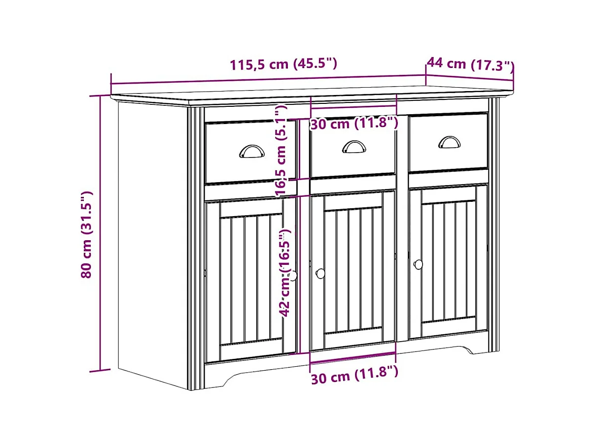 Buffet BODO blanc et marron 115,5x44x80 cm bois massif de pin