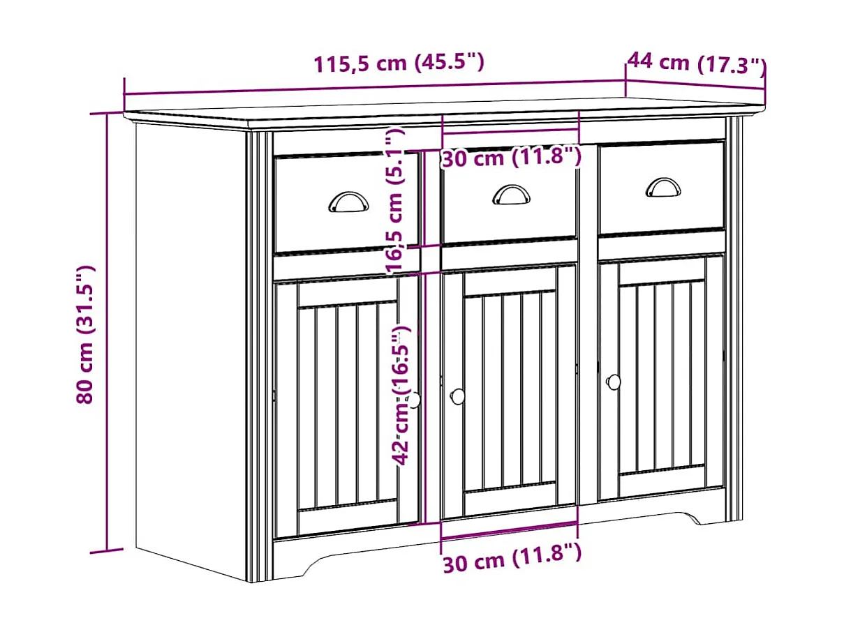 Buffet BODO blanc et marron 115,5x44x80 cm bois massif de pin