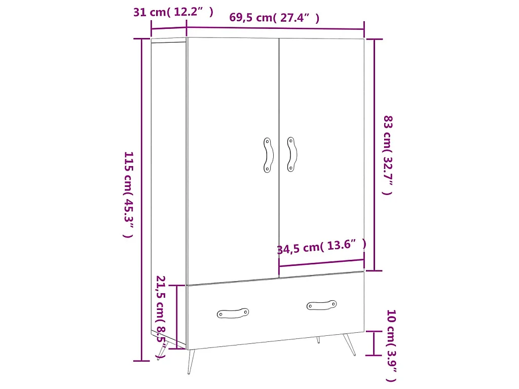 Hoge kast 69,5x31x115 cm bewerkt hout grijs sonoma eikenkleurig