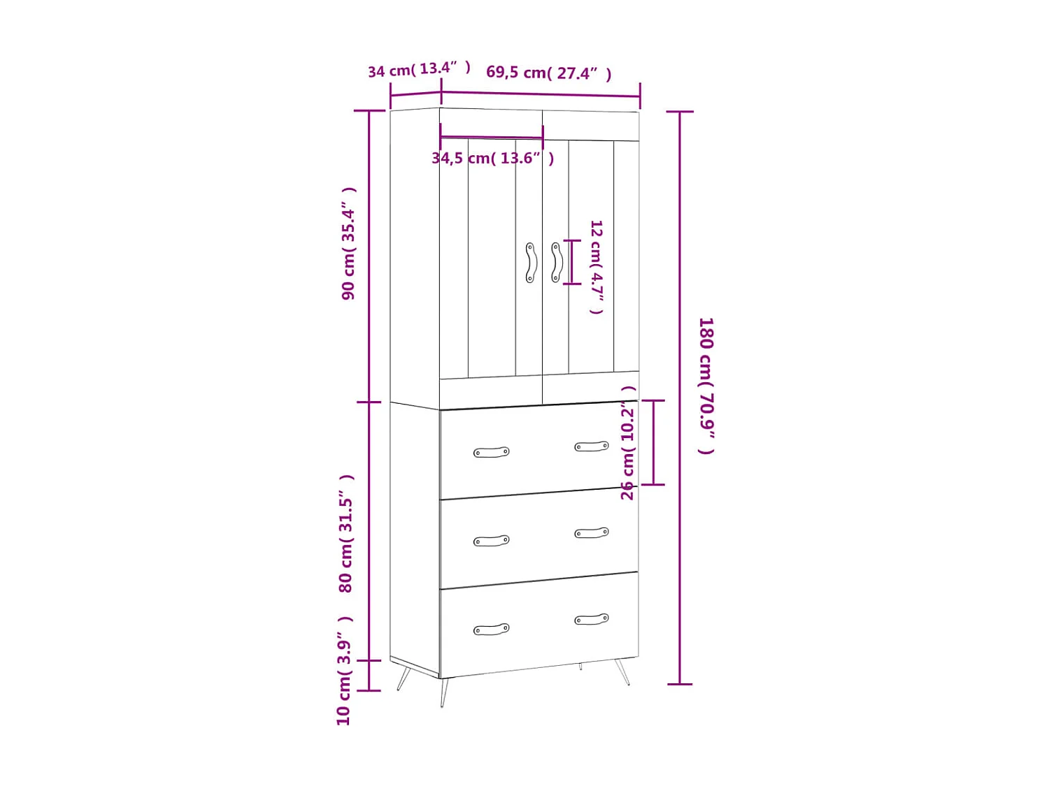 Buffet haut Gris béton 69,5x34x180 cm Bois d'ingénierie