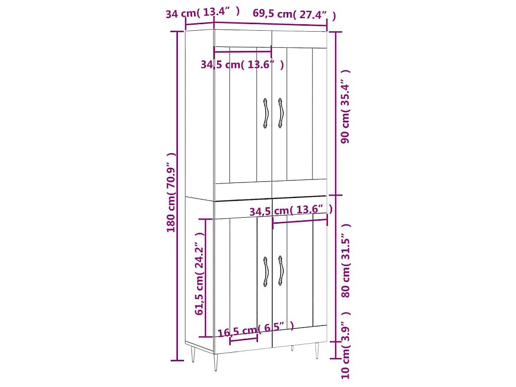 Highboard Sonoma-Eiche 69,5x34x180 cm Holzwerkstoff