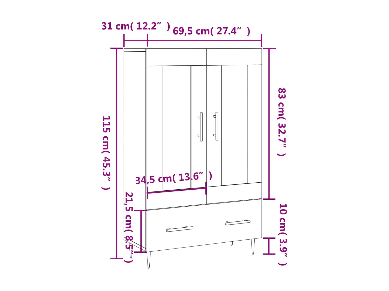 Buffet haut chêne fumé 69,5x31x115 cm bois d'ingénierie