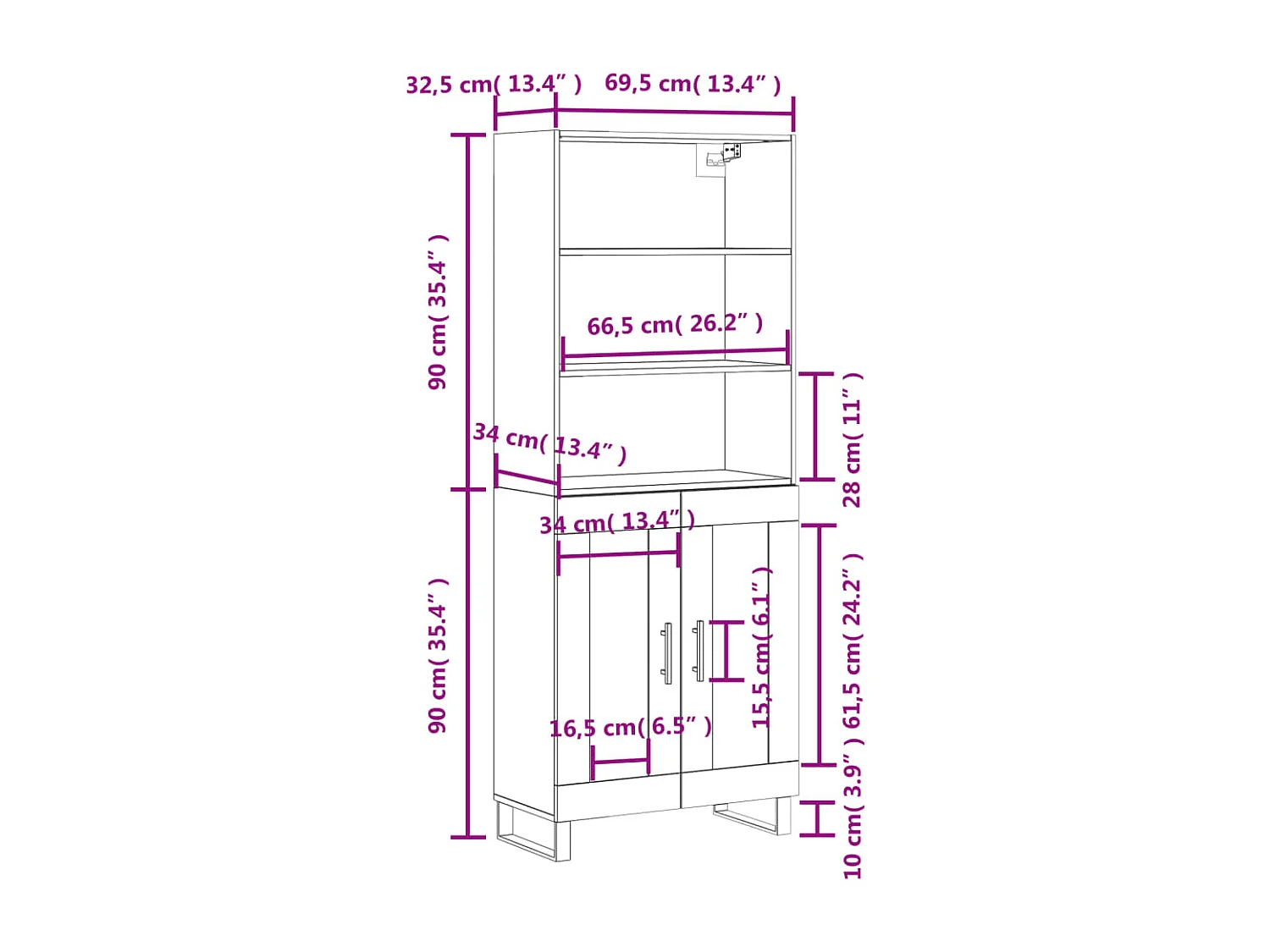 Hoge kast 69,5x34x180 cm bewerkt hout betongrijs