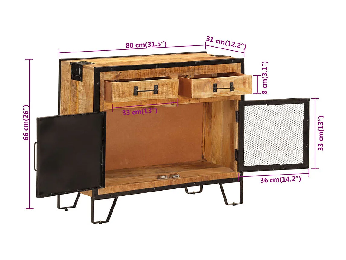 Sideboard 80x31x66 cm Massives Raues Mangoholz und Metall