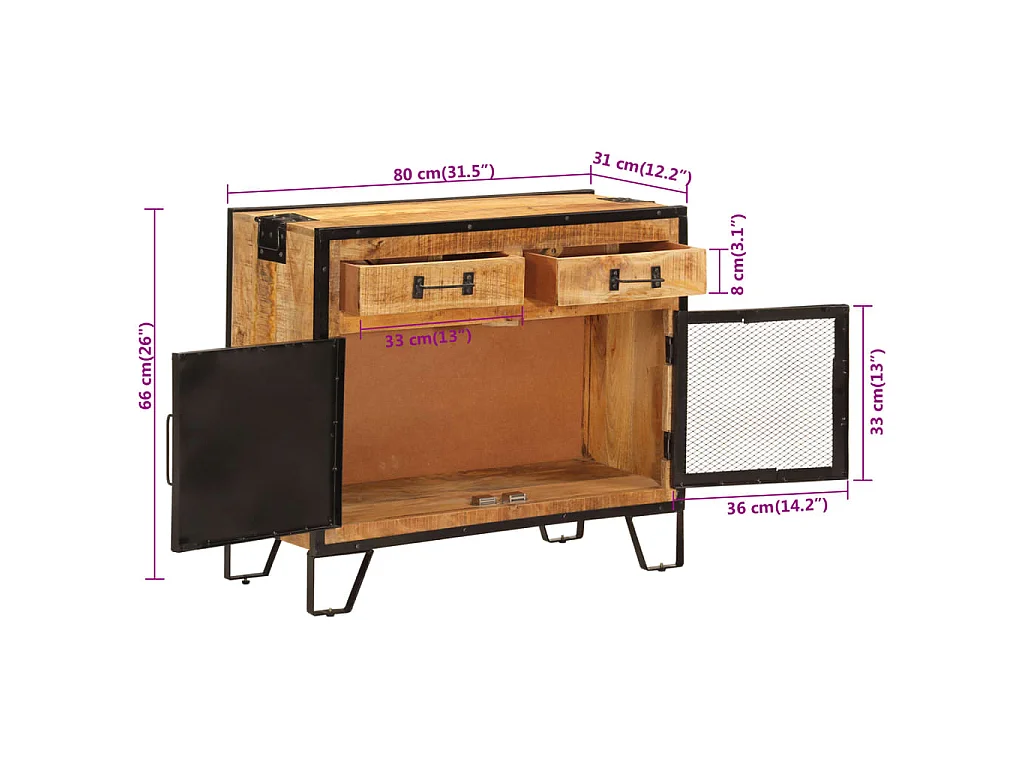 Buffet 80x31x66 cm bois de manguier brut massif et métal