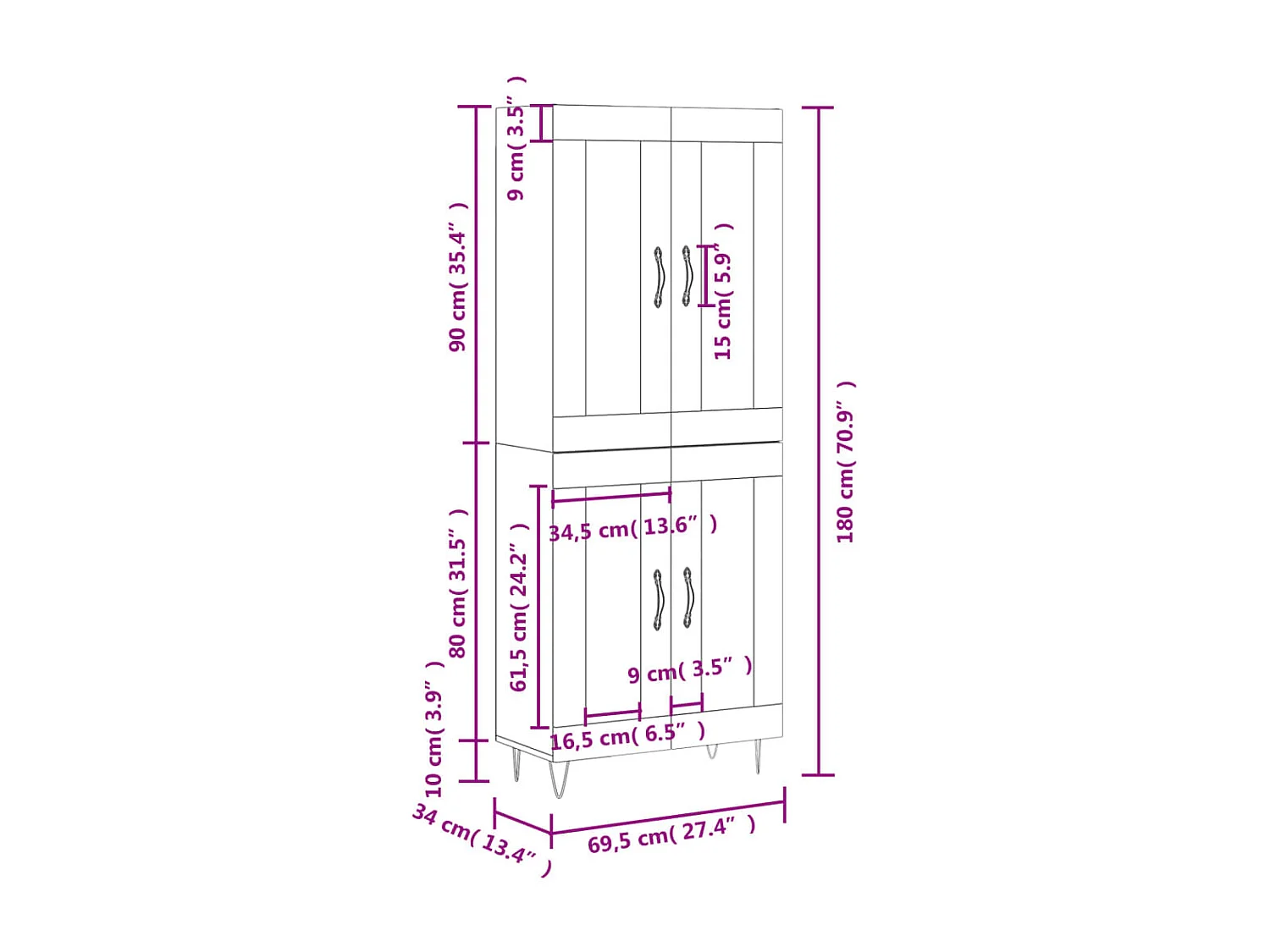 Highboard Weiß 69,5x34x180 cm Holzwerkstoff