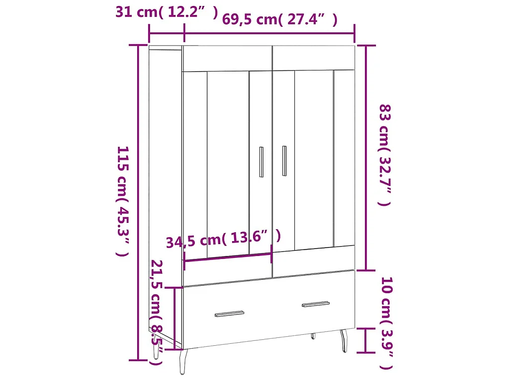 Buffet haut gris béton 69,5x31x115 cm bois d'ingénierie