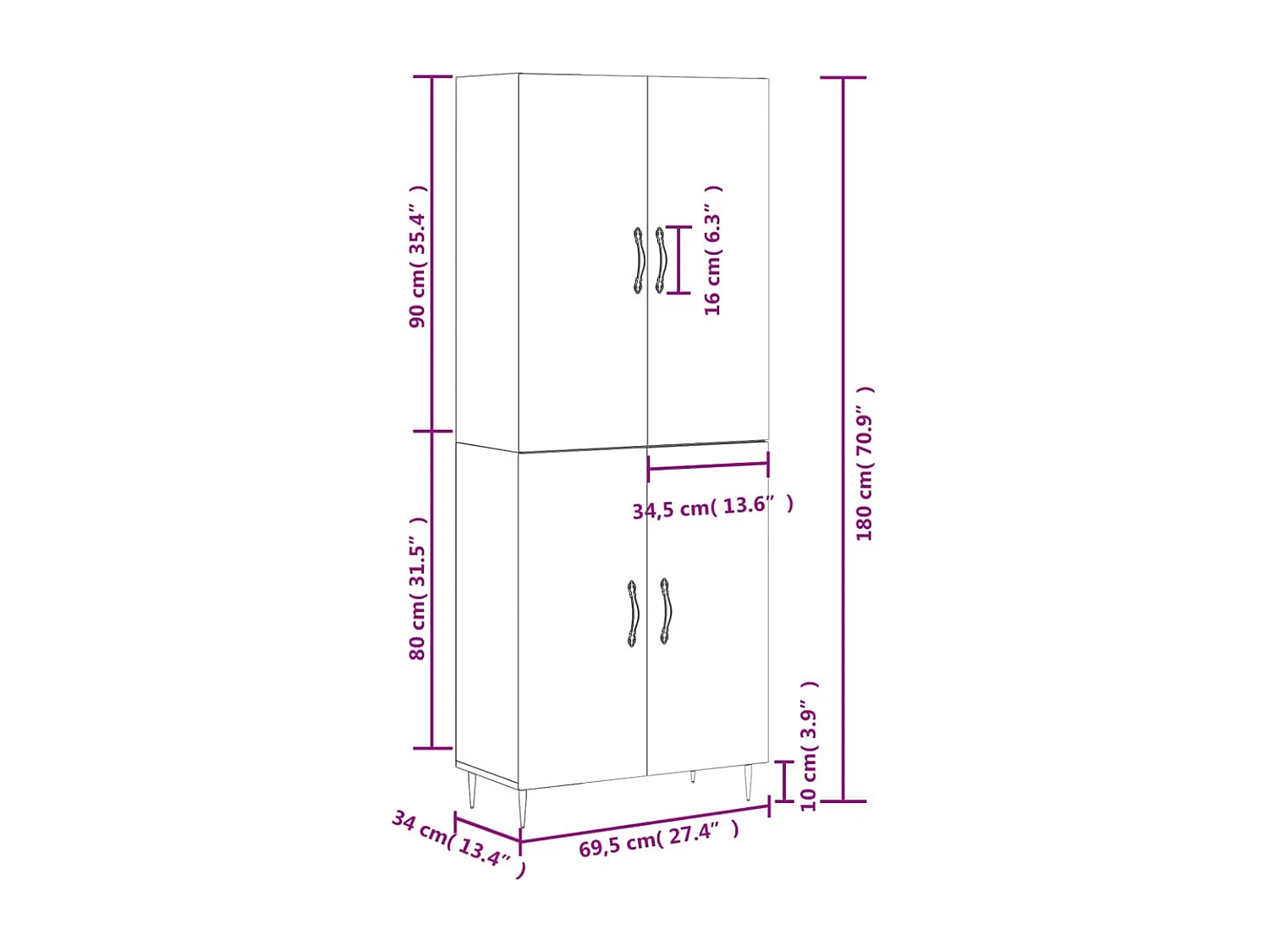 Hoge kast 69,5x34x180 cm bewerkt hout betongrijs
