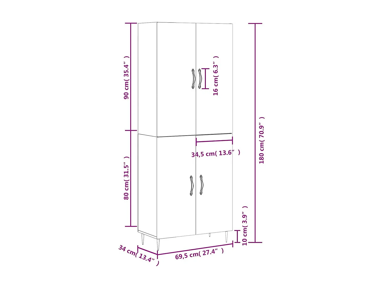 Hoge kast 69,5x34x180 cm bewerkt hout betongrijs