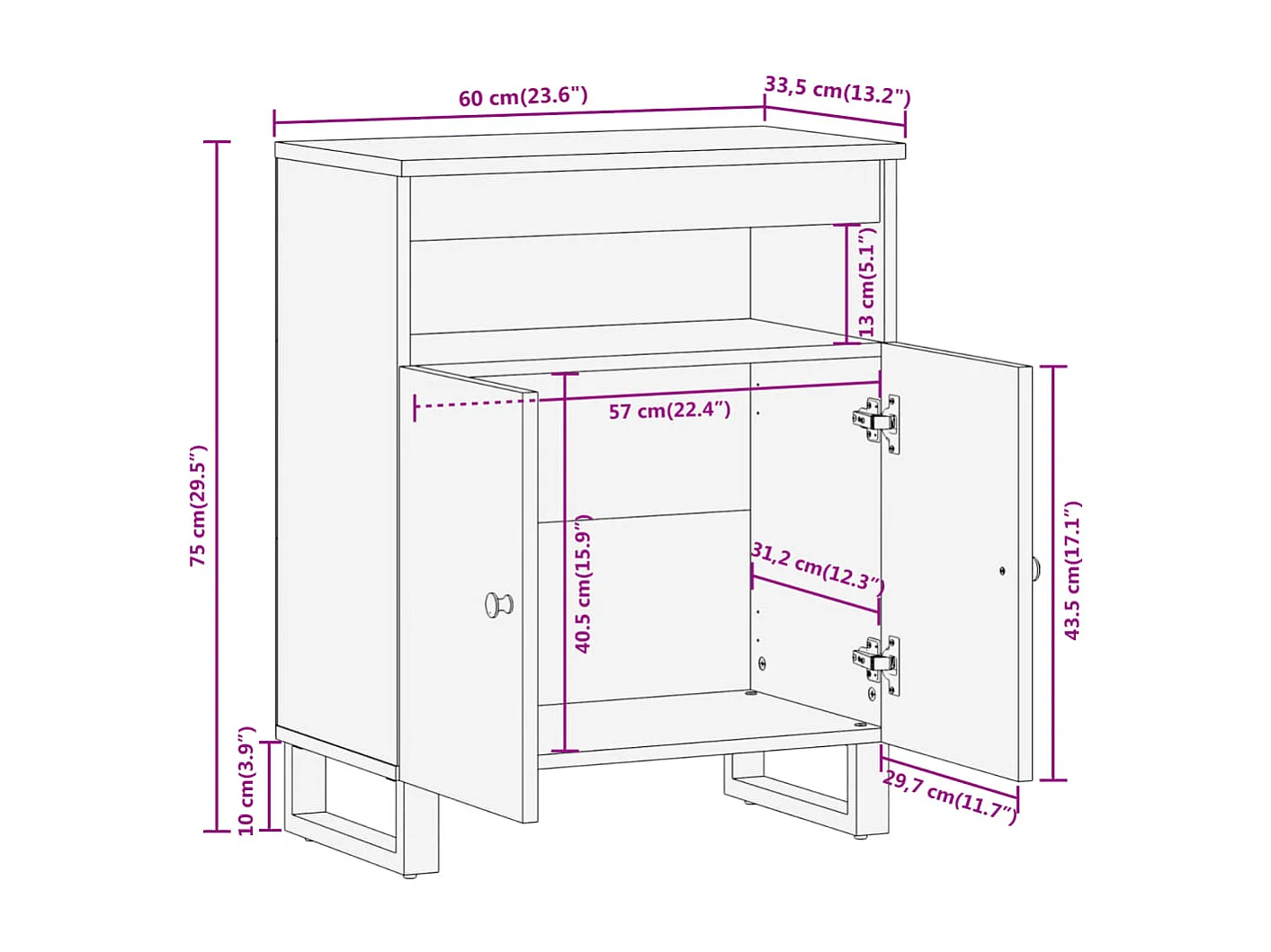 Armoire latérale marron et noir 60x33,5x75 cm bois de manguier