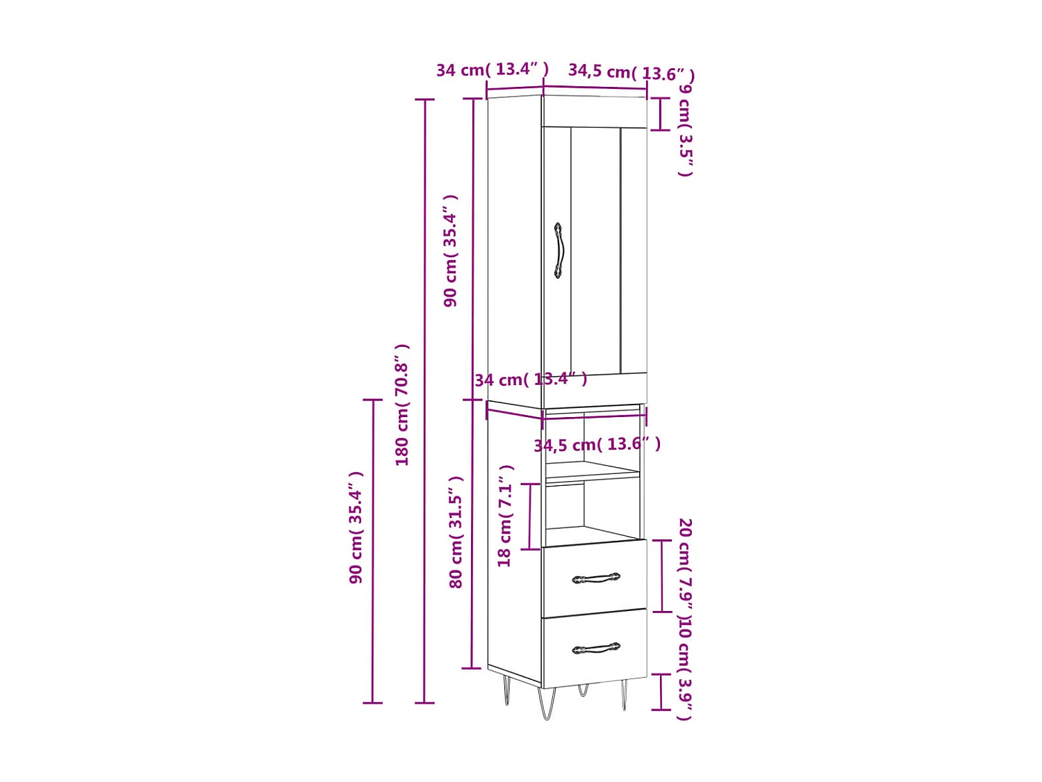 Buffet haut Blanc 34,5x34x180 cm Bois d'ingénierie