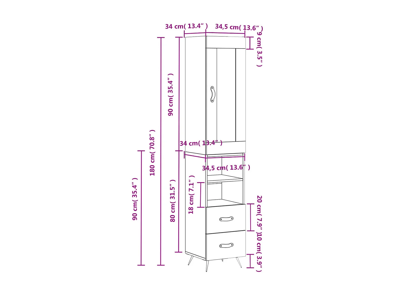 Buffet haut Blanc 34,5x34x180 cm Bois d'ingénierie