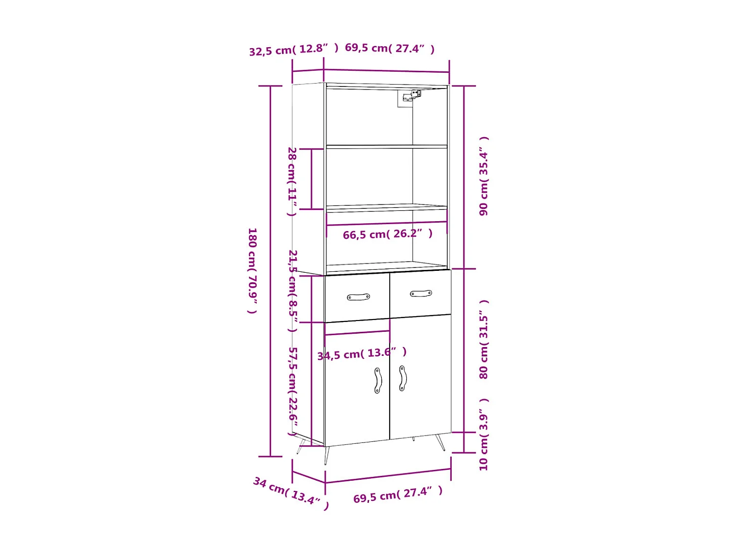 Buffet haut Sonoma gris 69,5x34x180 cm Bois d'ingénierie