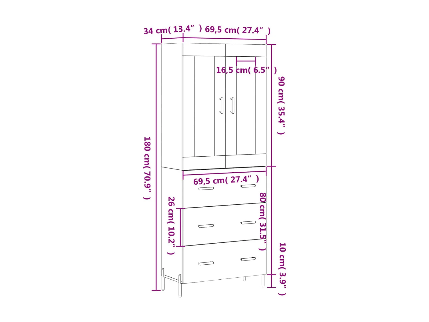 Armário alto 69,5x34x180 cm madeira processada carvalho fumado