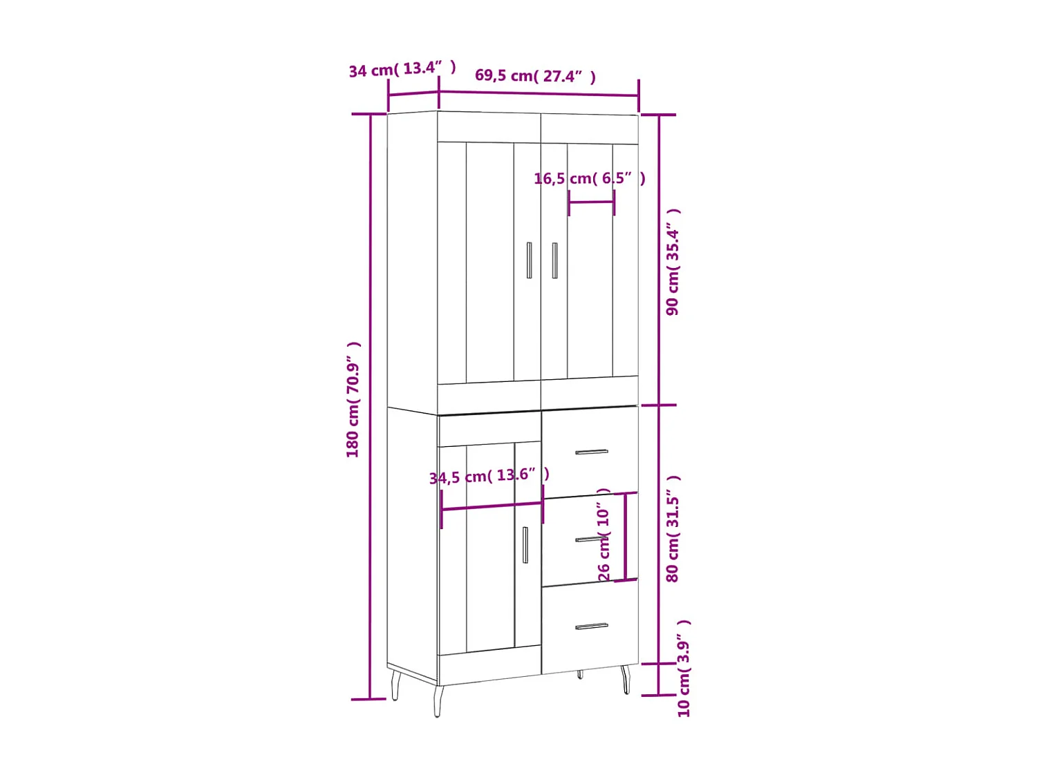 Credenza Rovere Marrone 69,5x34x180 cm in Legno Multistrato