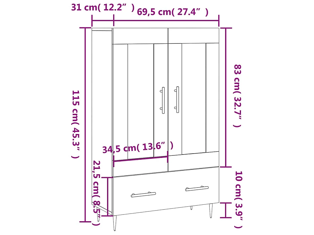 Buffet haut sonoma gris 69,5x31x115 cm bois d'ingénierie