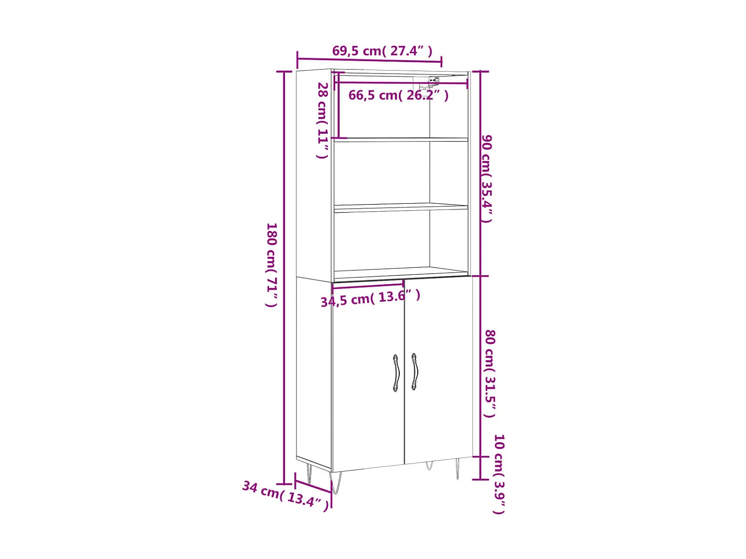 Hoge kast 69,5x34x180 cm bewerkt hout zwart