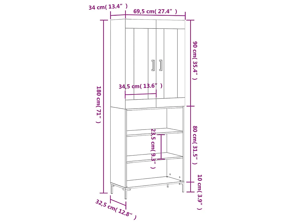 Buffet haut Gris béton 69,5x34x180 cm Bois d'ingénierie