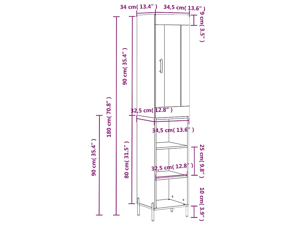 Hoge kast 34,5x34x180 cm bewerkt hout sonoma eikenkleurig