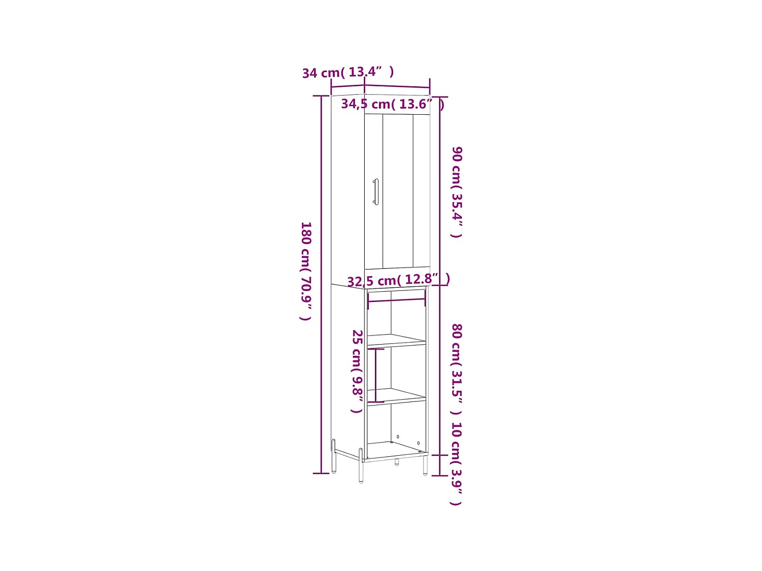 Highboard Schwarz 34,5x34x180 cm Holzwerkstoff