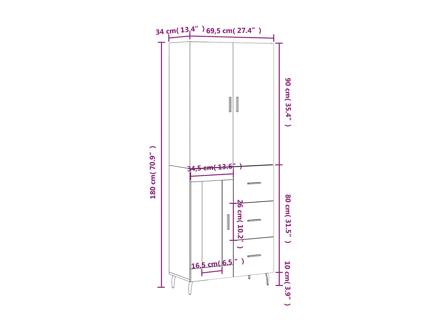 Buffet haut Chêne marron 69,5x34x180 cm Bois d'ingénierie