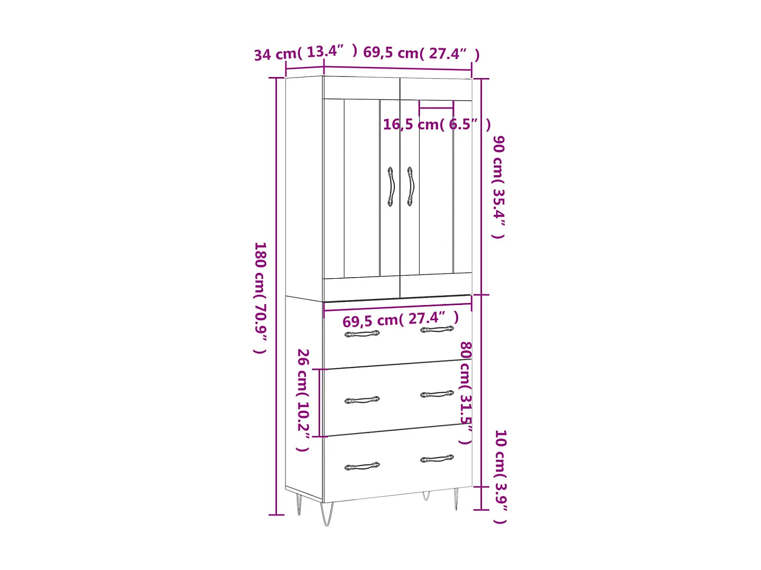 Buffet haut Blanc 69,5x34x180 cm Bois d'ingénierie