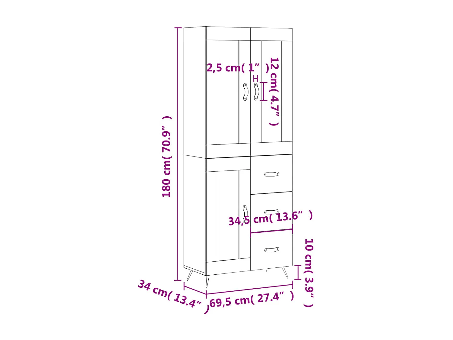 Buffet haut Blanc 69,5x34x180 cm Bois d'ingénierie