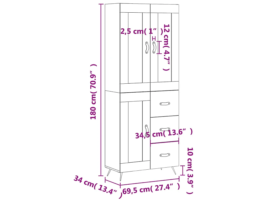 Credenza Bianca 69,5x34x180 cm in Legno Multistrato