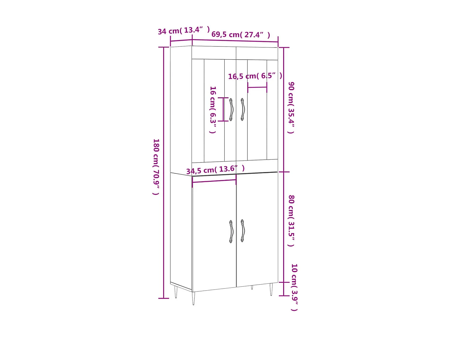 Buffet haut Gris béton 69,5x34x180 cm Bois d'ingénierie