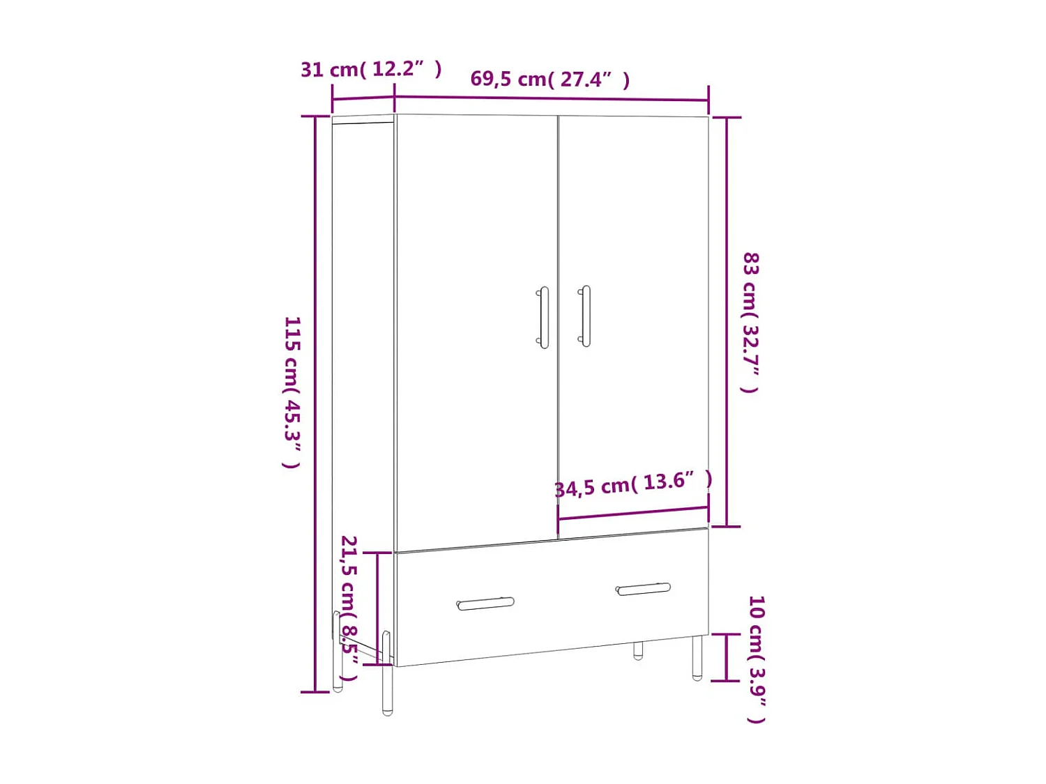 Buffet haut gris béton 69,5x31x115 cm bois d'ingénierie