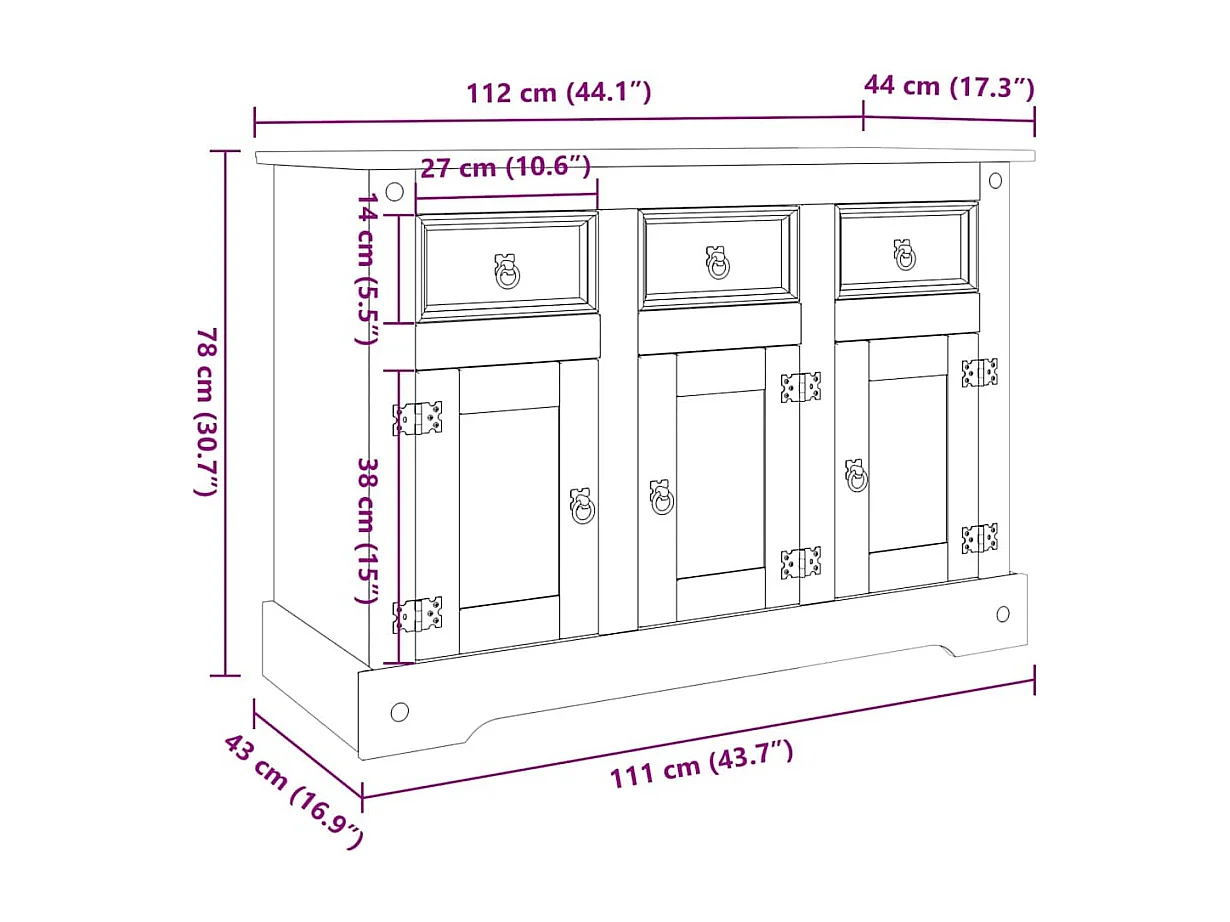 Buffet « Corona » marron 112 x 44 x 78 cm Bois massif Pin mexicain