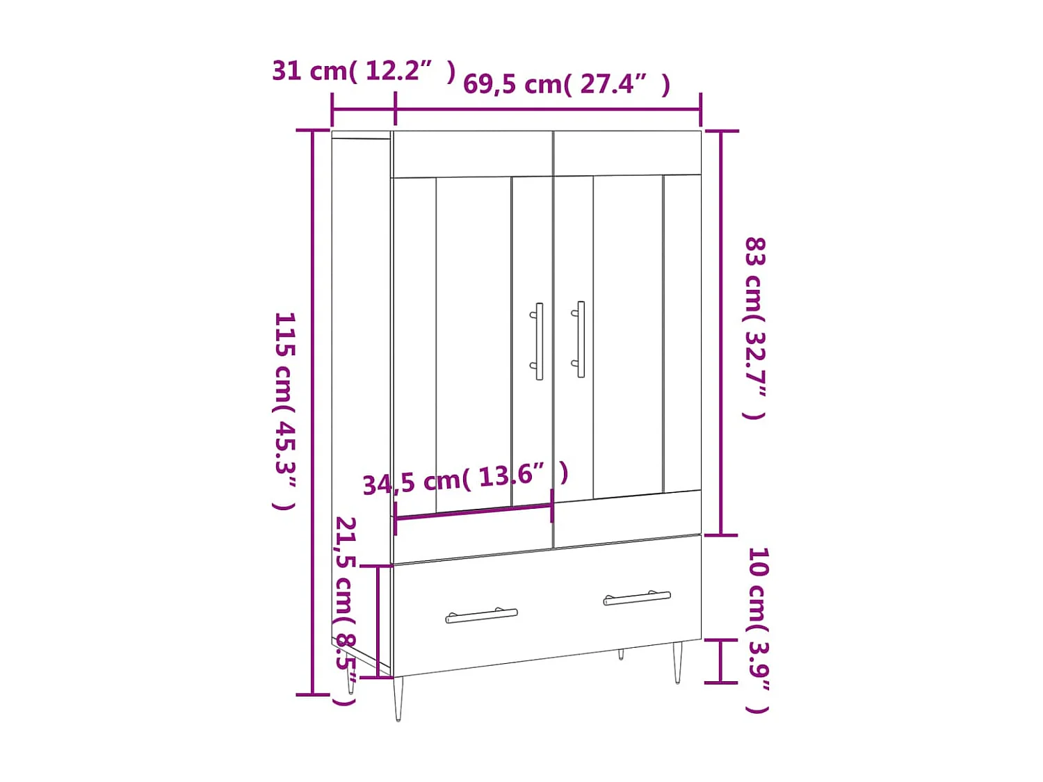 Buffet haut blanc 69,5x31x115 cm bois d'ingénierie