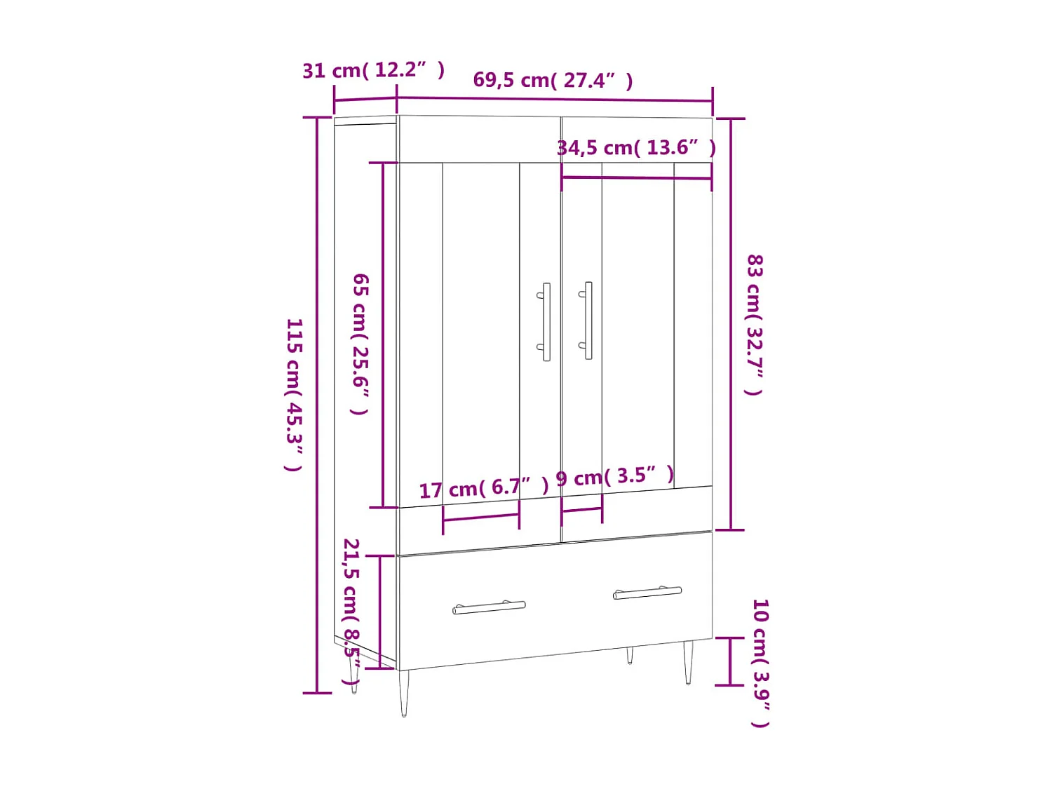 Buffet haut chêne sonoma 69,5x31x115 cm bois d'ingénierie