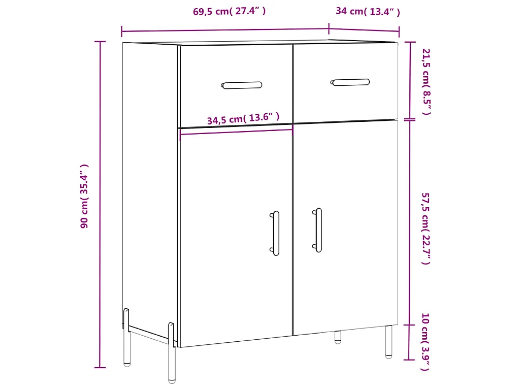 Dressoir 69,5x34x90 cm bewerkt hout wit