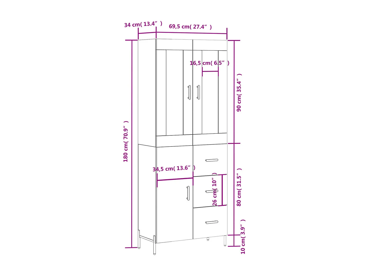 Buffet haut Gris béton 69,5x34x180 cm Bois d'ingénierie