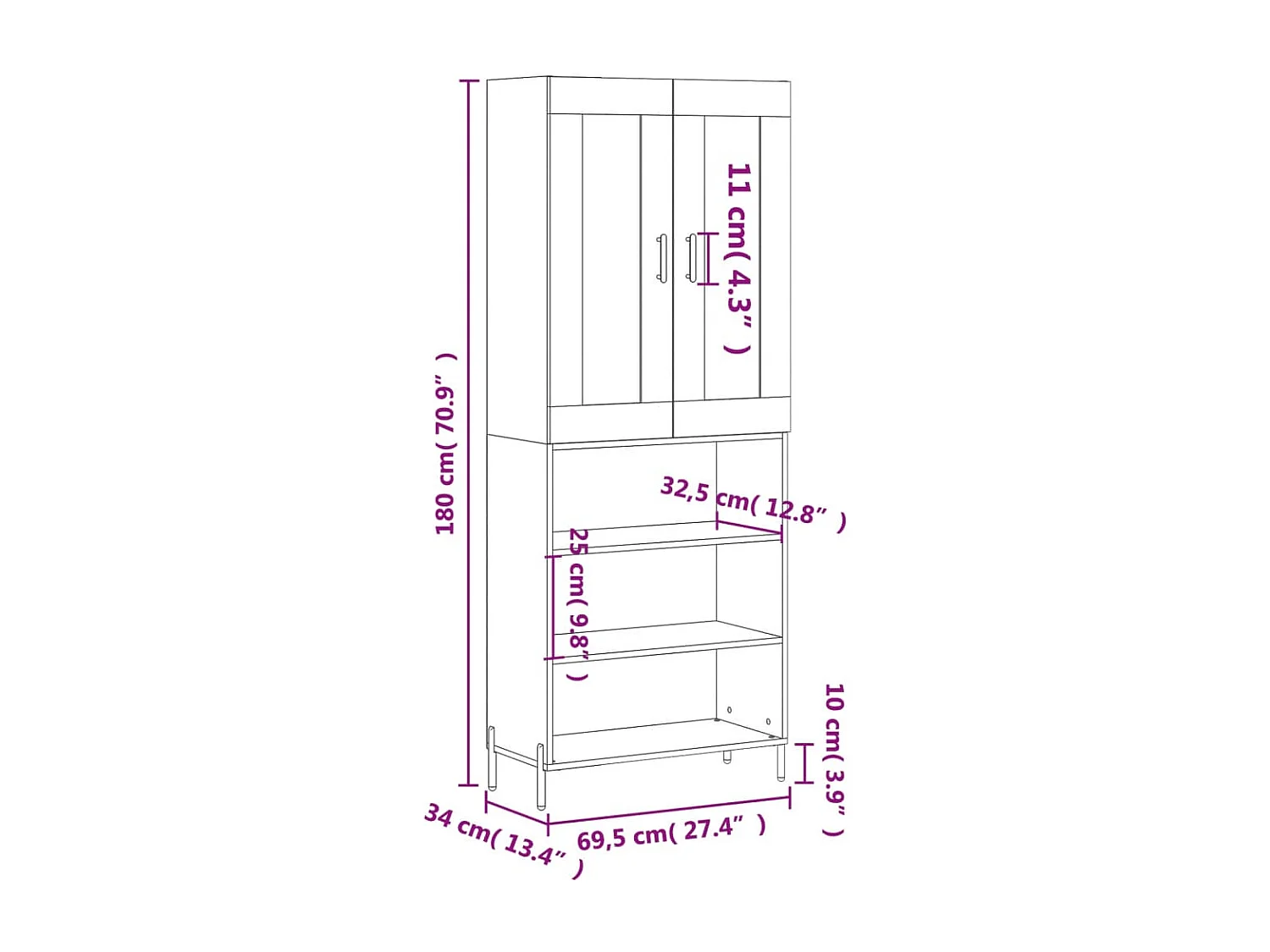 Credenza Nera 69,5x34x180 cm in Legno Multistrato