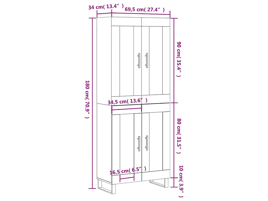 Highboard Weiß 69,5x34x180 cm Holzwerkstoff