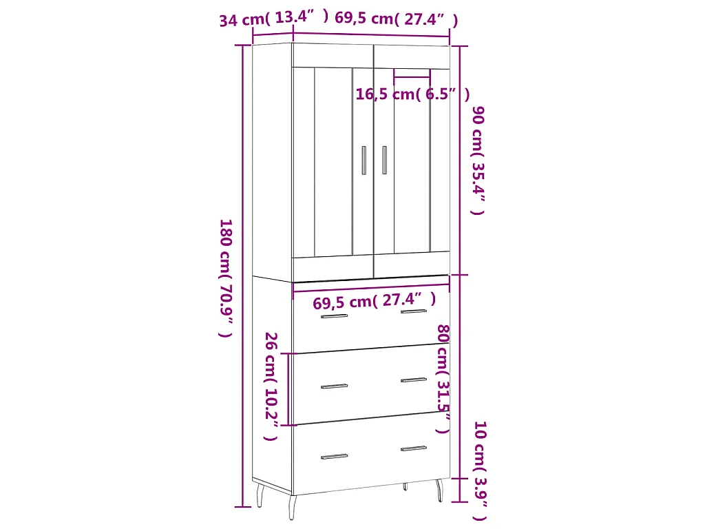 Highboard Betongrau 69,5x34x180 cm Holzwerkstoff