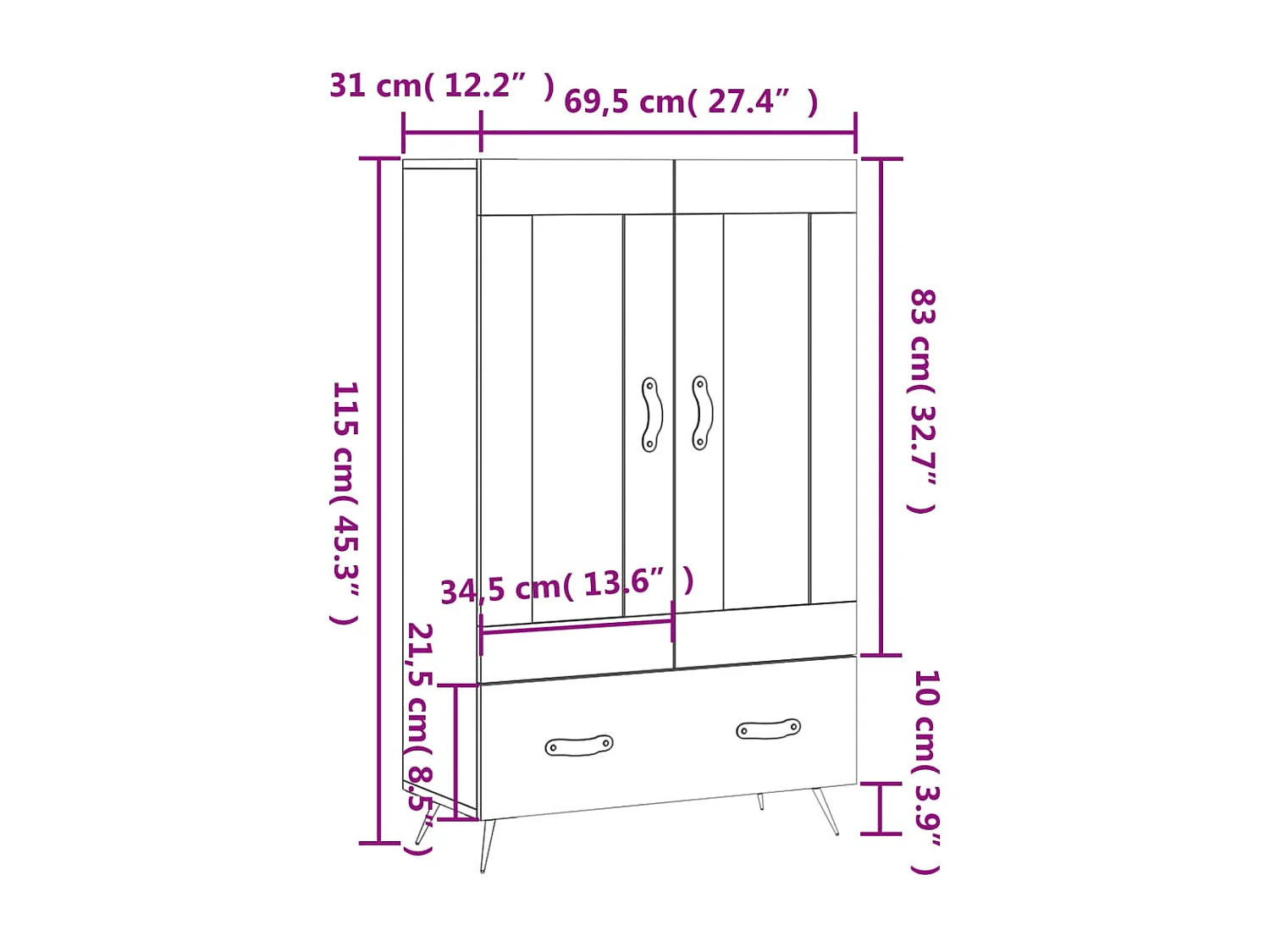 Buffet haut blanc 69,5x31x115 cm bois d'ingénierie