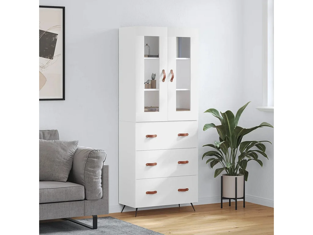 Buffet haut Blanc brillant 69,5x34x180 cm Bois d'ingénierie