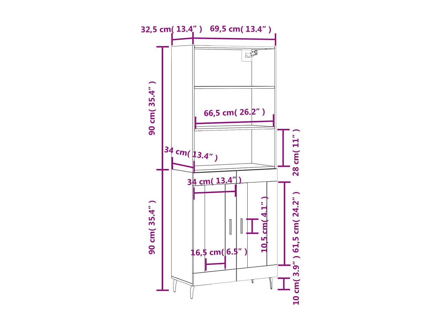 Buffet haut Sonoma gris 69,5x34x180 cm Bois d'ingénierie